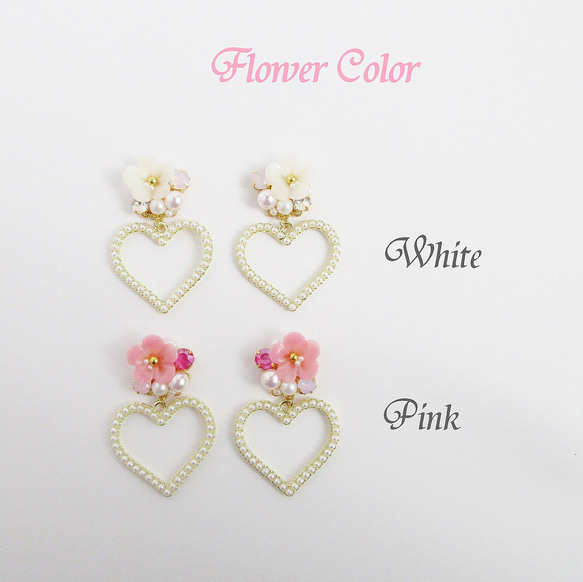 【再販】【2色】Flower Bijou & Heart　イヤリング ピアス ビジュー スワロフスキー 花 ハート 4枚目の画像