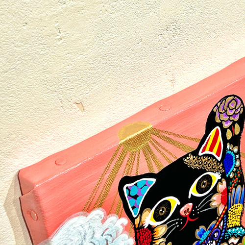招き猫の絵 手描き絵画 「カラフル招き猫」額縁付き 招き猫