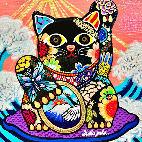 驚きの値段での商品をすべて 招き猫の絵 手描き絵画 招き猫 「カラフル招き猫」額縁付き 絵画
