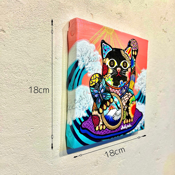 招き猫の絵　原画 「カラフル招き猫」額縁付き　招き猫　おしゃれな招き猫　manekineko 4枚目の画像