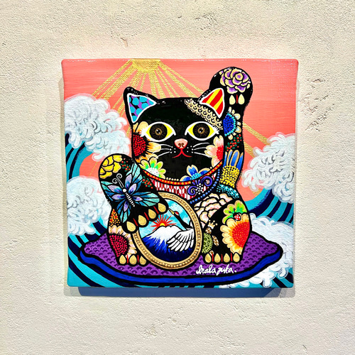 カラフルな猫の手描き絵画 A4サイズ 招き猫の絵 手描き絵画 「カラフル招き猫」額縁付き 招き猫