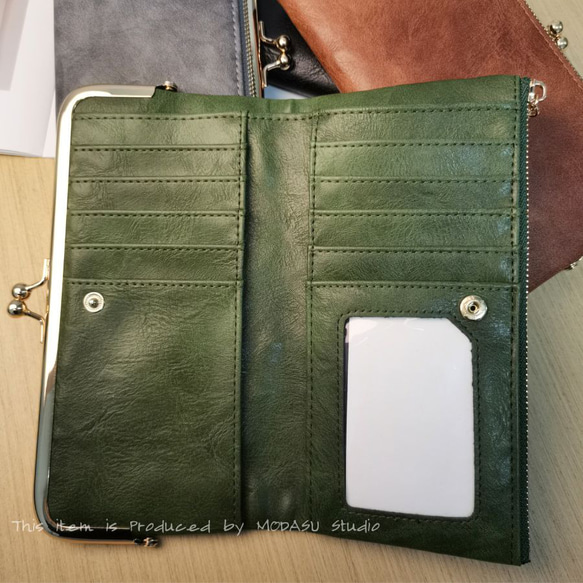長財布大容量 レディース 高級感 がまぐち レザー 財布 コンパクト 機能性 グリーン ブラック FW22 7枚目の画像