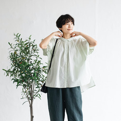 打造與眾不同的時尚造型 有機棉短袖襯衫 淺綠色 220706-3 第2張的照片