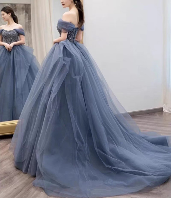 ウェディングドレス　チュール カラードレス　くすみブルー　オフショルダー　Aライン 二次会 前撮り（WD242154） wedding リボンワンピース 可愛い