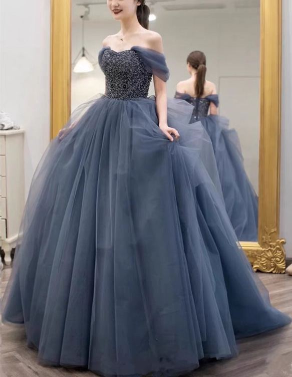 ウェディングドレス　チュール カラードレス　くすみブルー　オフショルダー　Aライン 二次会 前撮り（WD242154） wedding リボンワンピース 可愛い