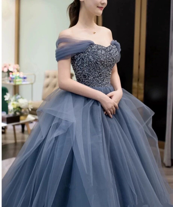 ウェディングドレス　チュール カラードレス　くすみブルー　オフショルダー　Aライン 二次会 前撮り（WD242154） wedding リボンワンピース 可愛い