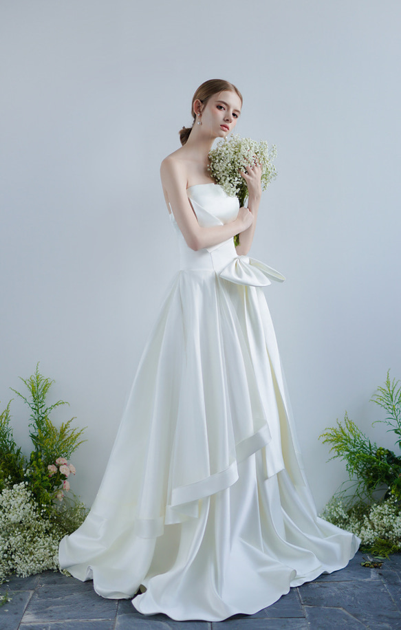 ウェディングドレス　チューブトップ　Aライン　前撮り　二次会（WD242157） wedding リボンワンピース 可愛い