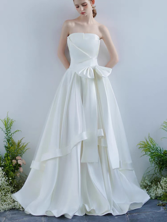 ウェディングドレス　チューブトップ　Aライン　前撮り　二次会（WD242157） wedding リボンワンピース 可愛い