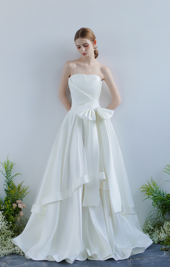 ウェディングドレス　チューブトップ　Aライン　前撮り　二次会（WD242157） wedding リボンワンピース 可愛い