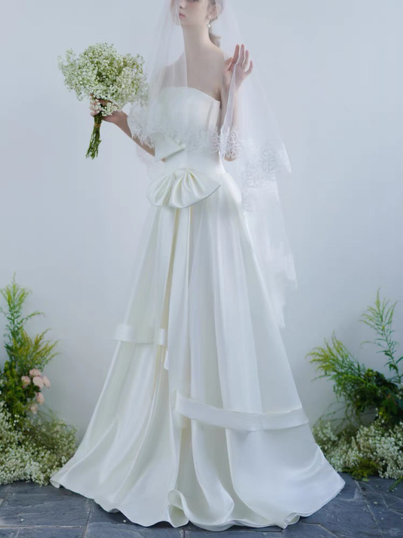 ウェディングドレス　チューブトップ　Aライン　前撮り　二次会（WD242157） wedding リボンワンピース 可愛い