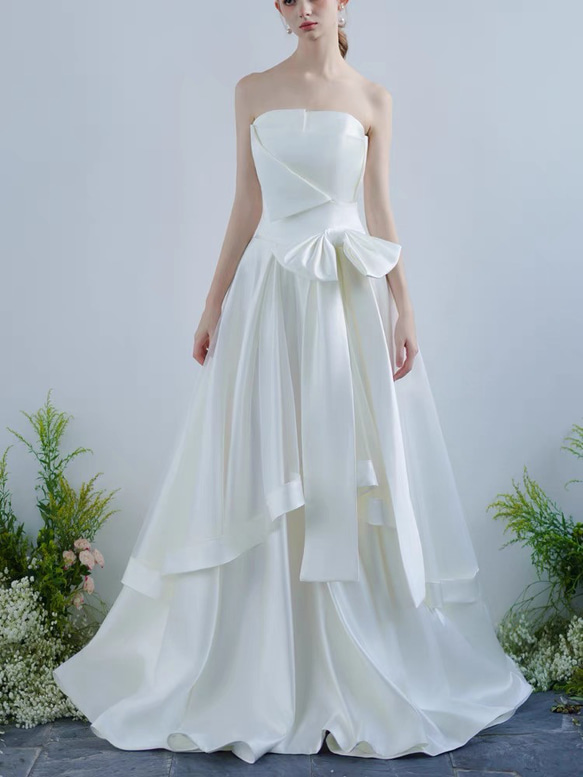 ウェディングドレス　チューブトップ　Aライン　前撮り　二次会（WD242157） wedding リボンワンピース 可愛い