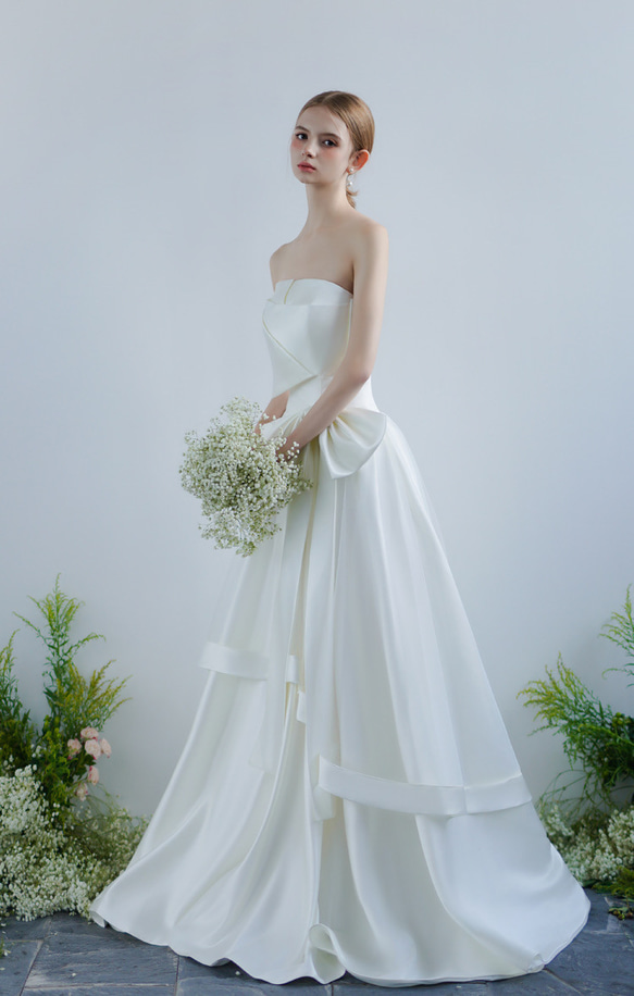 ウェディングドレス　チューブトップ　Aライン　前撮り　二次会（WD242157） wedding リボンワンピース 可愛い