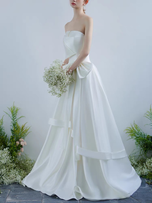 ウェディングドレス　チューブトップ　Aライン　前撮り　二次会（WD242157） wedding リボンワンピース 可愛い