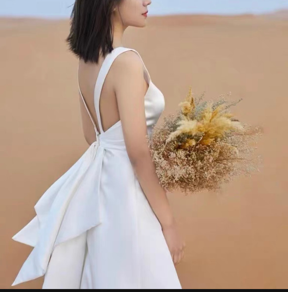 ウェディングドレス　サテン　バックリボン　Aライン　二次会　前撮り（WD242160） wedding リボンワンピース 可愛い