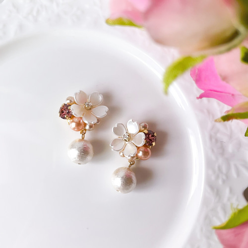 白い桜パール大 ピアス/イヤリング 315 イヤリング・ノンホールピアス