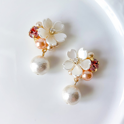 白い桜パール大 ピアス/イヤリング 315 イヤリング・ノンホールピアス