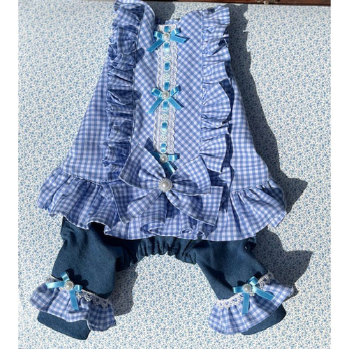 水色のギンガムチェックのトップスセット ペット服
