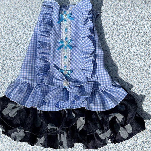 美品 maonosuke ベルト付 わんぴーす 水色 ギンガムチェック 1.jpg