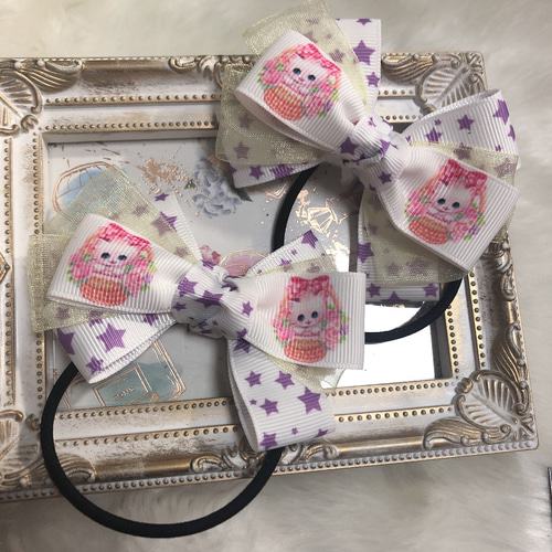 オーガンジーリボン ヘアゴム ピンクの子猫 オーガンジーリボン ヘアゴム ピンクの子猫