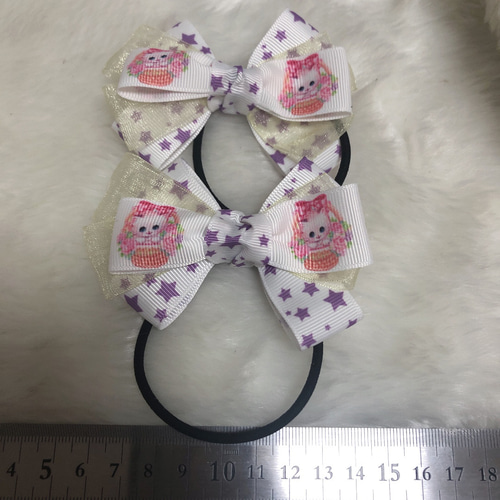 オーガンジーリボン ヘアゴム ピンクの子猫