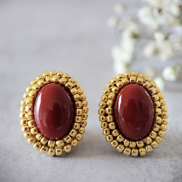 秋につけたい 天然石 レッドアゲート 大ぶり ピアス イヤリング ビーズ