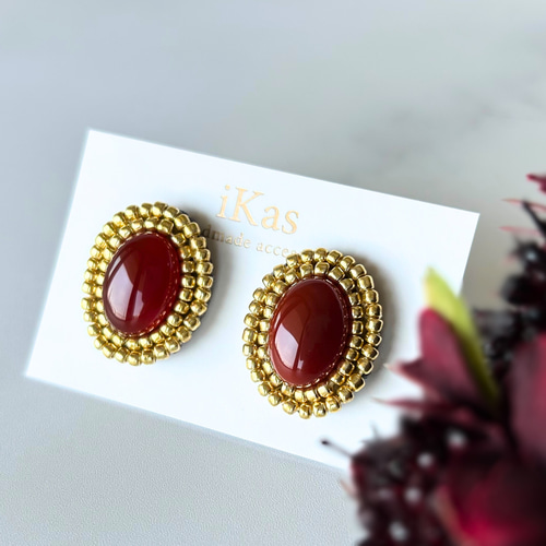 秋につけたい 天然石 レッドアゲート 大ぶり ピアス イヤリング ビーズ