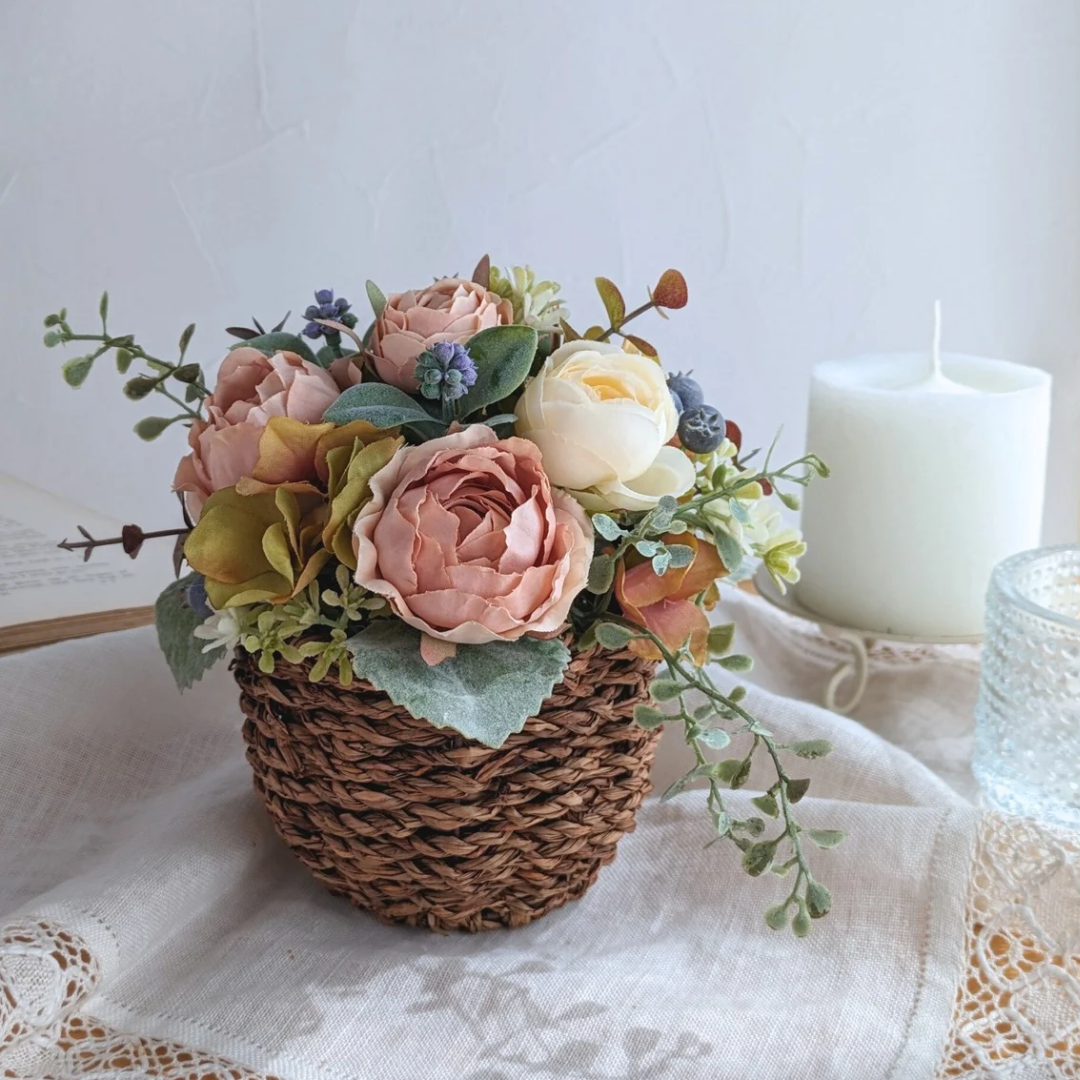 フラワー 花の絵 絵画 赤 バスケット ブラウン 茶色 水彩画の版画