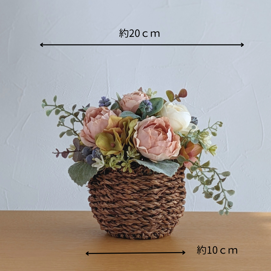 アンティークローズのバスケットアレンジ ｜くすみピンクのバラが可愛い♪｜ 綺麗が続くアーティフィシャルフラワー (造花)