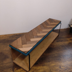 ヘリンボーン柄　スパイスキッチンラック　スクエアアイアン✕木製2段棚 ディスプレイラック 1枚目の画像