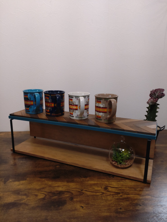 ヘリンボーン柄　スパイスキッチンラック　スクエアアイアン✕木製2段棚 ディスプレイラック 5枚目の画像