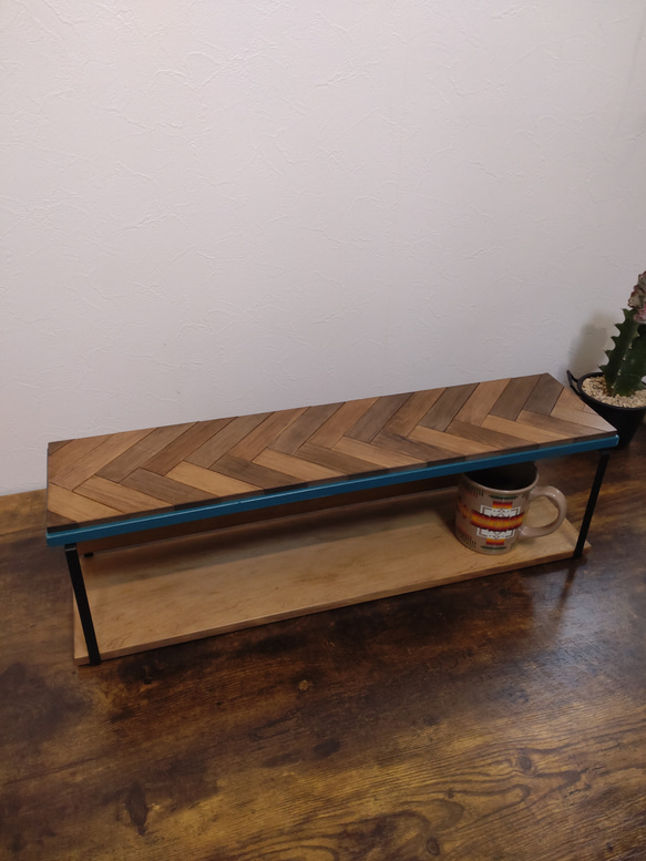 ヘリンボーン柄　スパイスキッチンラック　スクエアアイアン✕木製2段棚 ディスプレイラック 8枚目の画像