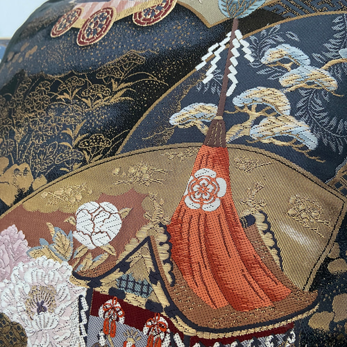 【売約済】金彩正絹袋帯リメイククッションカバー①２枚組(ファスナー付) k-027】45×45cm用/クッションカバー/正絹・帯リメイク・地紙花草