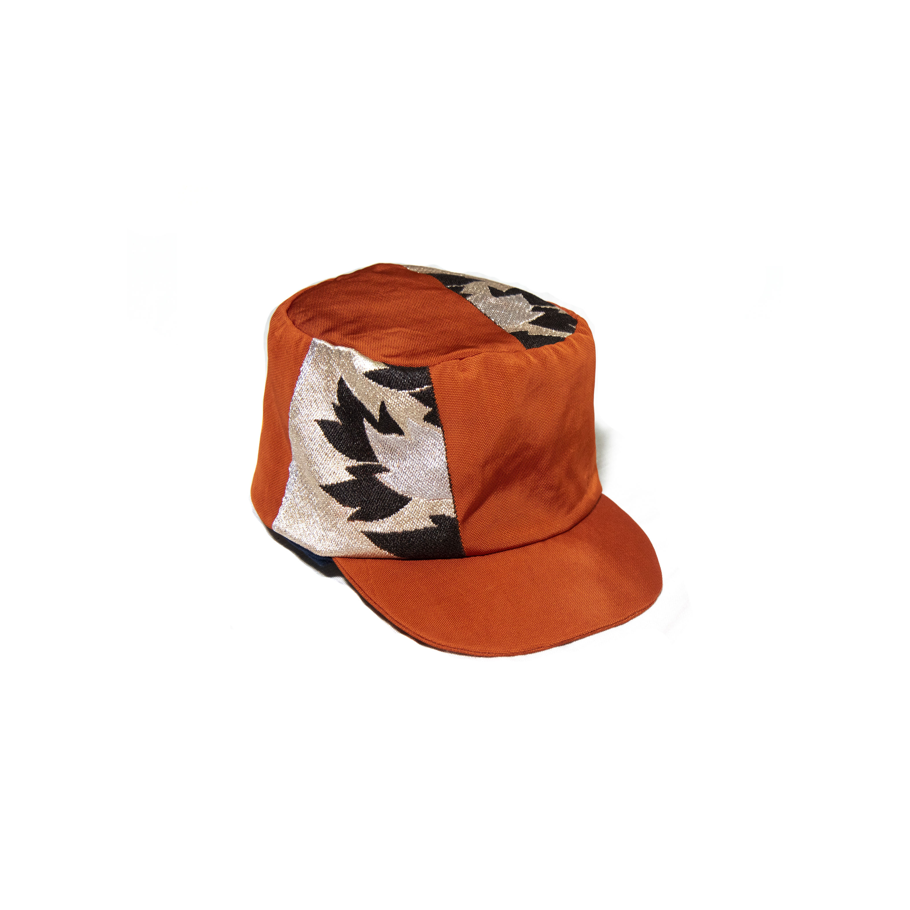 オレンジ、シルク金刺繍、帯リメイク、キャップ MZ original