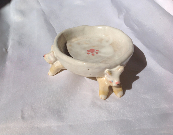 陶器　やきもの　一点もの「ワンワンワン　〜支えられている〜」　キートレイ　植木鉢受け皿　多用途 1枚目の画像