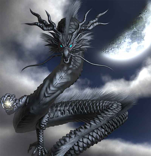 龍の絵「三日月と黒龍」自作A4　竜の絵 2枚目の画像