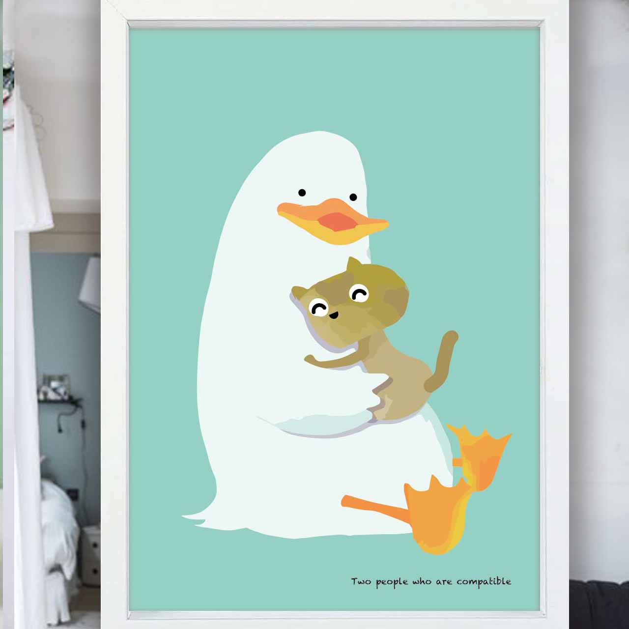 相性ピッタリのふたり　鳥　ネコ　イラスト　ポスター　A4 A3 A2 A1　アート  　アートポスター　2651