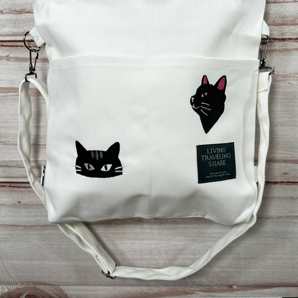 [免運費] 帆布 2WAY 單肩手提包，繡有兩隻黑貓，內袋 &lt;白色&gt; 第2張的照片