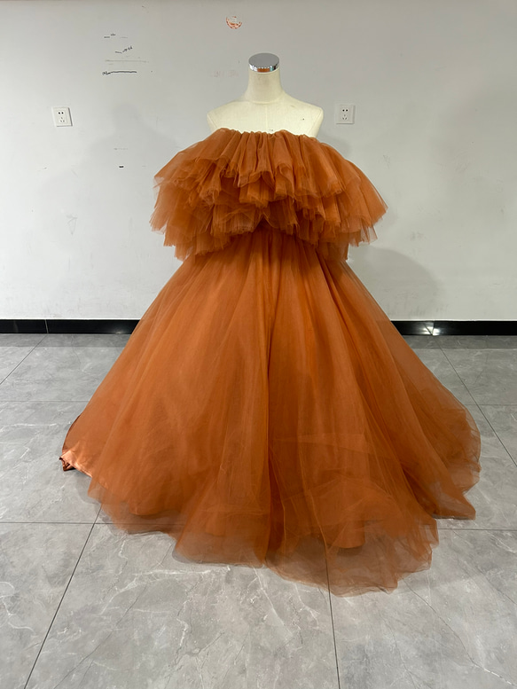 豪華！パーティードレス オレンジ オフショルダー ソフトチュール  
