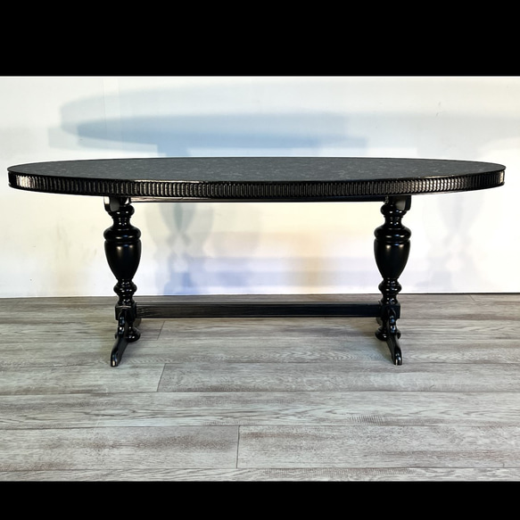 ＜大サイズ＞クラシックモダン　ダイニングテーブル　カフェテーブル　オーバル天板　楕円　二本足　天然木　御影石調 1枚目の画像