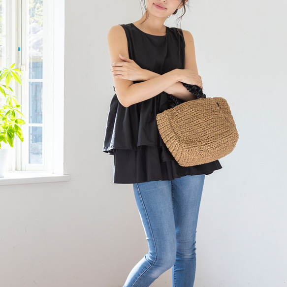 チクチクしないペーパー かごバッグ ちょうどいいサイズ感 大人かわいい フリル ミニ トートバッグ 軽量 夏 215 18枚目の画像