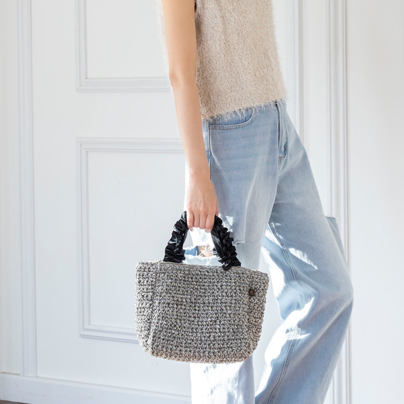 チクチクしないペーパー かごバッグ ちょうどいいサイズ感 大人かわいい フリル ミニ トートバッグ 軽量 夏 215 10枚目の画像