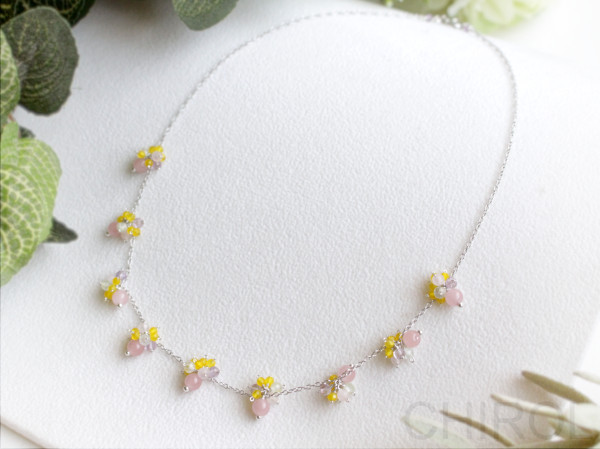 ピンク(グァバ)クォーツ＋ カルセドニー＋ プレナイト ネックレス/ SV925