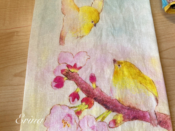桜とメジロさんのハンカチ（裏生地ダブルガーゼ） 3枚目の画像