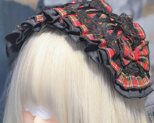 タータンチェックヘッドドレス(ブラック)【Nyantelope】ロリータ
