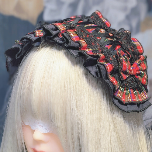 タータンチェックヘッドドレス(ブラック)【Nyantelope】ロリータ