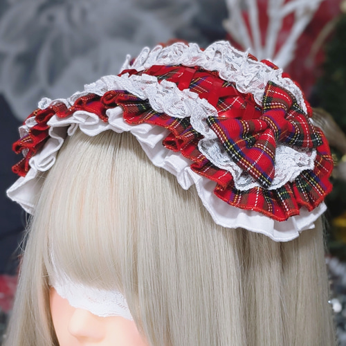 赤チェックフリル ヘッドドレス