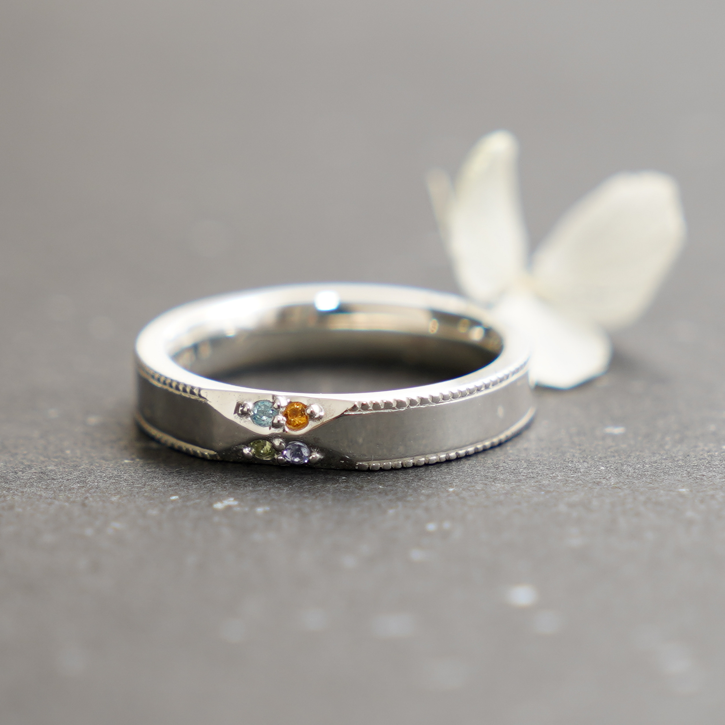 埋め込み石の平打ちミルリング 4石すべて誕生石を選べる / SV925 ≪送料無料≫ 天然石