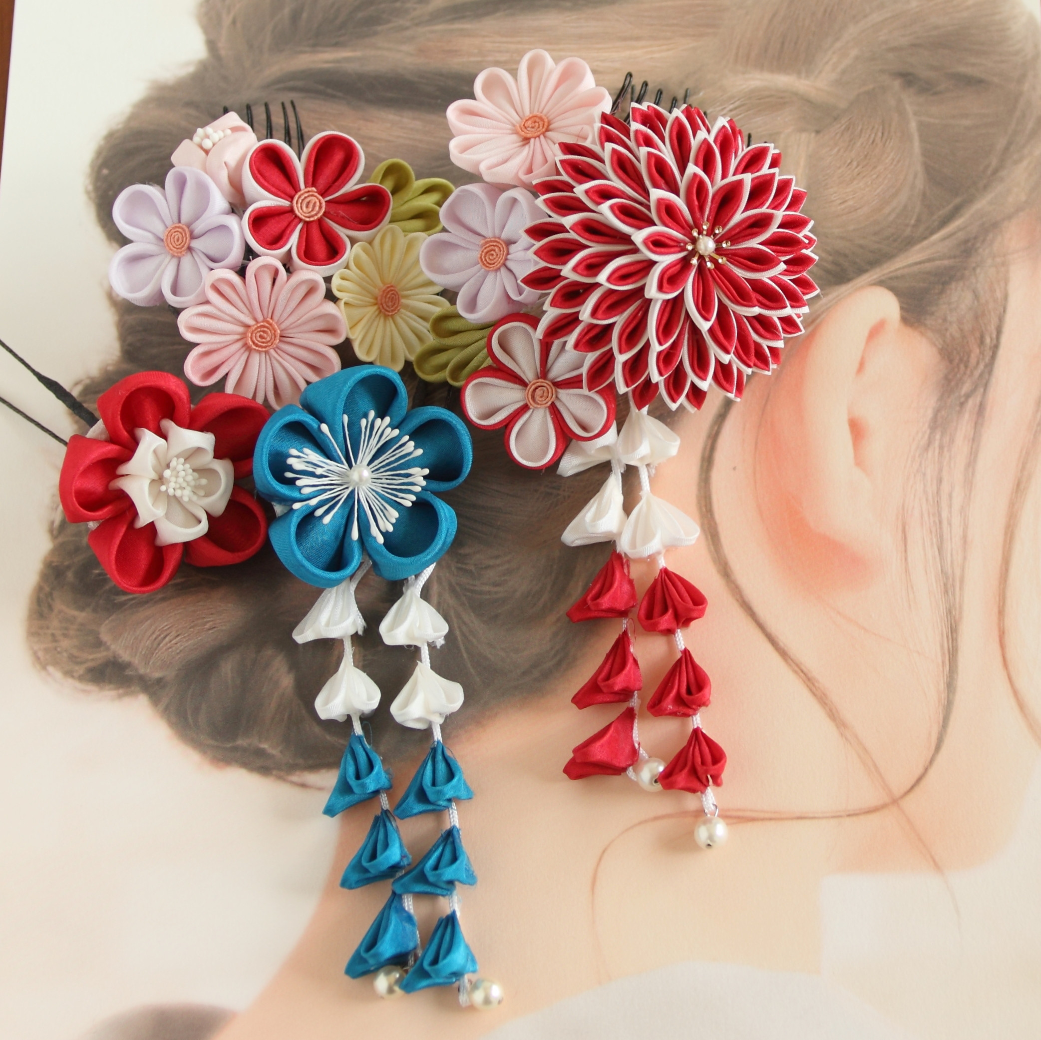 半薬玉コームとUピンの麗しセット　正絹