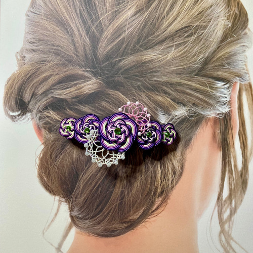 水引バレッタ＃水引髪飾り 紫グラデーション 梅結びと曼荼羅結び