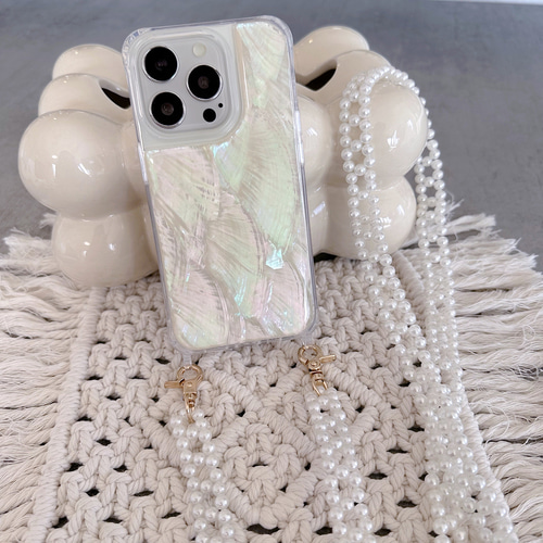 天然シェル スマホケース iPhoneパールストラップ 天然貝シェル